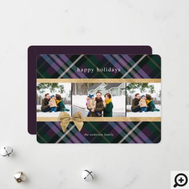 Purple Plaid Gift Wrapped & Gold Bow Present Photo Holiday Card