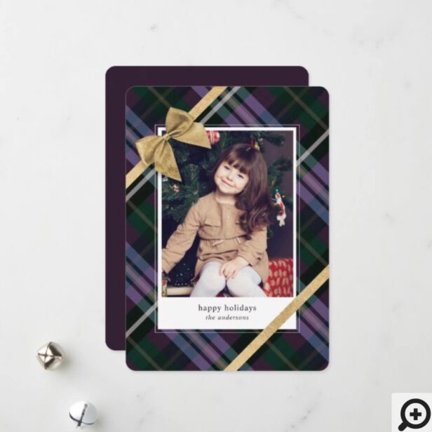 Purple Plaid Gift Wrapped & Gold Bow Present Photo Holiday Card