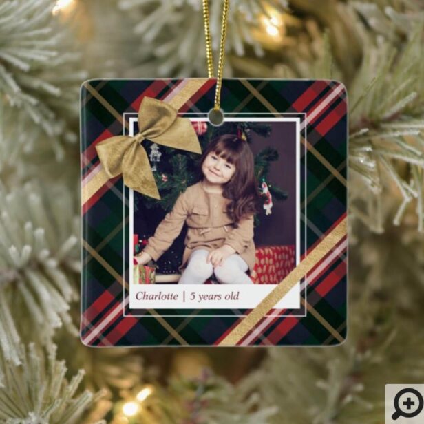 Red Plaid Gift Wrapped & Gold Bow Present Photo Ceramic Ornament