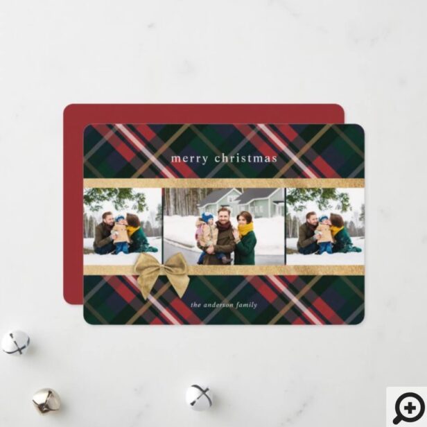 Red Plaid Gift Wrapped & Gold Bow Present Photo Holiday Card