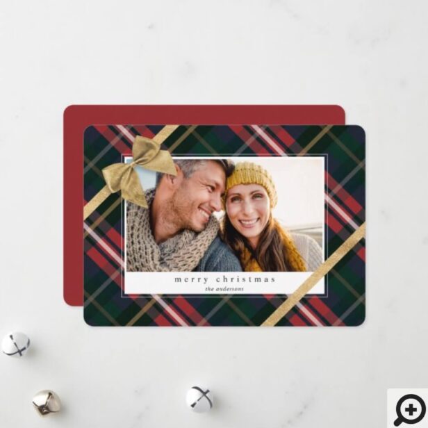 Red Plaid Gift Wrapped & Gold Bow Present Photo Holiday Card