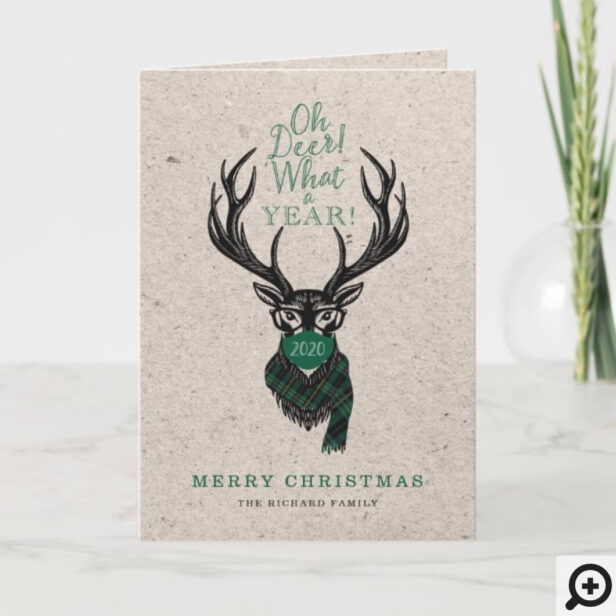 Oh Deer What a Year! Reindeer Plaid Scarf & Mask GreenHoliday Card