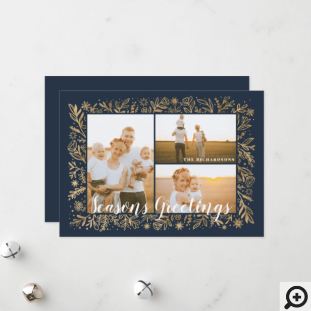 Seasons Greeting Navy & Gold Foliage & Snowflakes Holiday Card