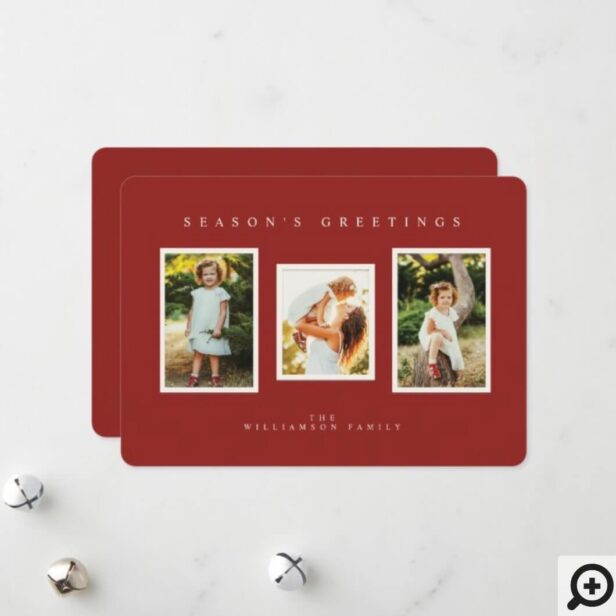 Season's Greetings Red Modern Minimal 3 Photo Holiday Card