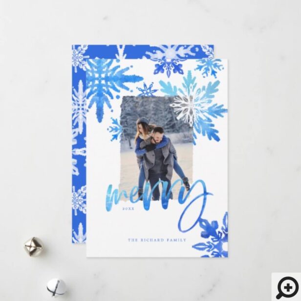 Shibori Tie Dye Royal Blue Snowflakes Photo Holiday Card
