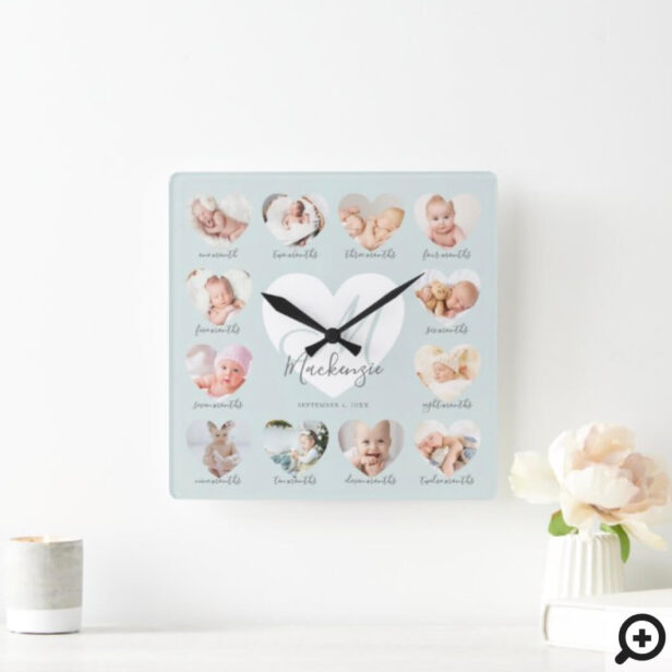 Baby's First Year Heart Photo Keepsake Collage Square Blue Wall Clock