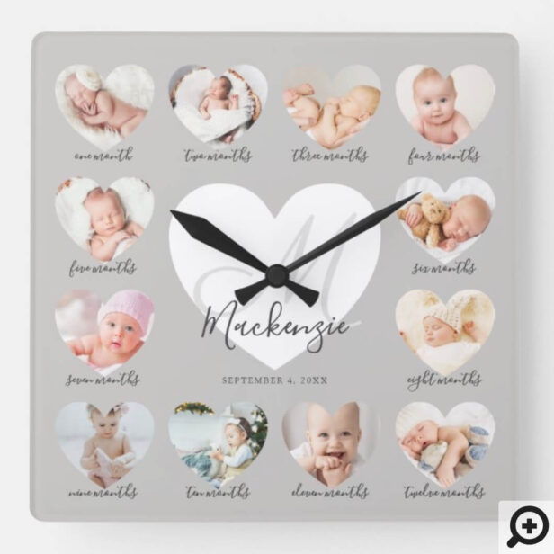 Baby's First Year Heart Photo Keepsake Collage Square Grey Wall Clock