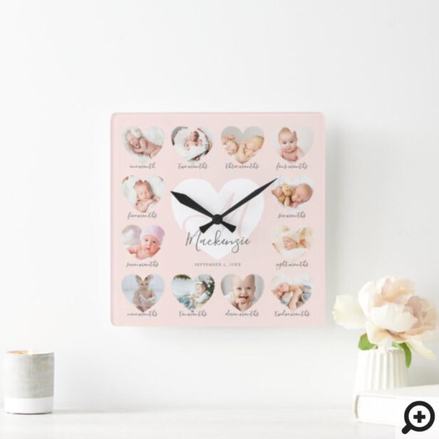 Baby's First Year Heart Photo Keepsake Collage Square Pink Wall Clock