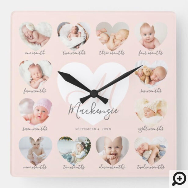 Baby's First Year Heart Photo Keepsake Collage Square Pink Wall Clock