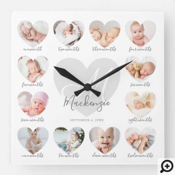 Baby's First Year Heart Photo Keepsake Collage Square White Wall Clock