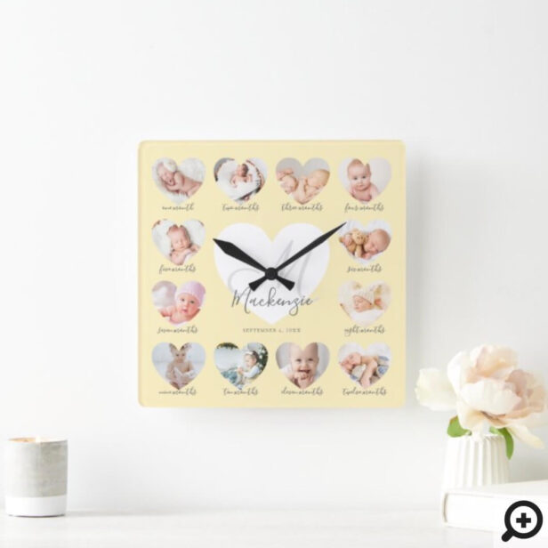 Baby's First Year Heart Photo Keepsake Collage Square Yellow Wall Clock