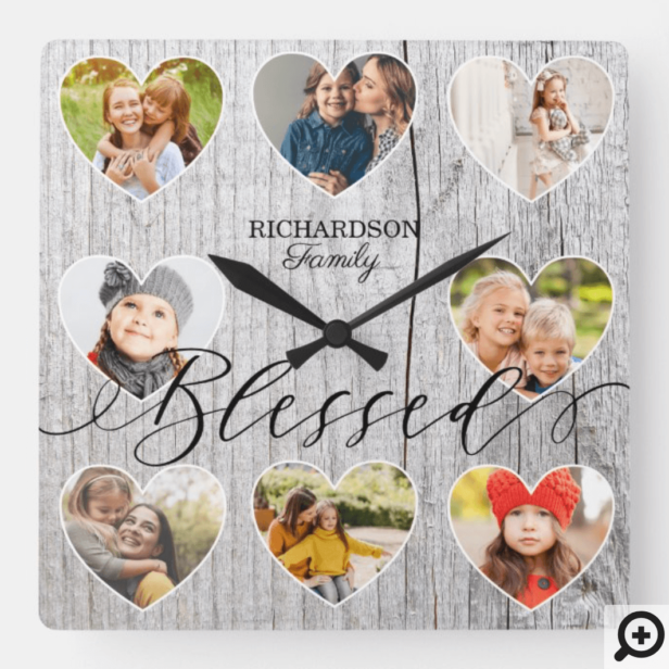 Blessed 8 Photo Collage Heart Frame Grey Wood Square Wall Clock