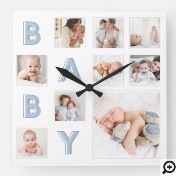 Blue Baby Letters Newborn Baby Photo Grid Collage Square Wall Clock