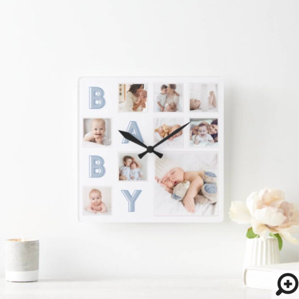 Blue Baby Letters Newborn Baby Photo Grid Collage Square Wall Clock