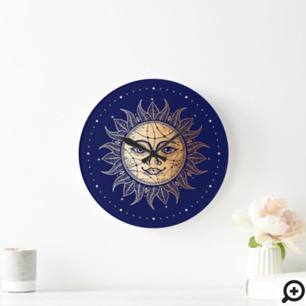 Celestial Navy Blue & Gold Vintage Style Sun Face Large Clock