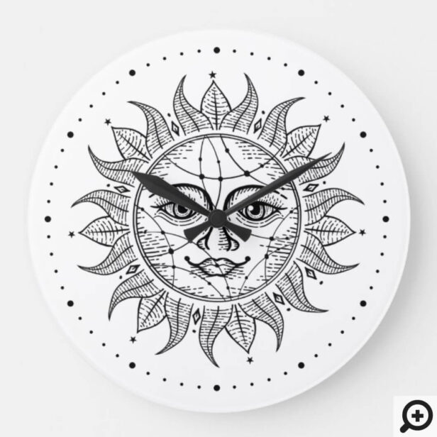 Celestial Sun Black & White Vintage Style Sun Face Large Clock