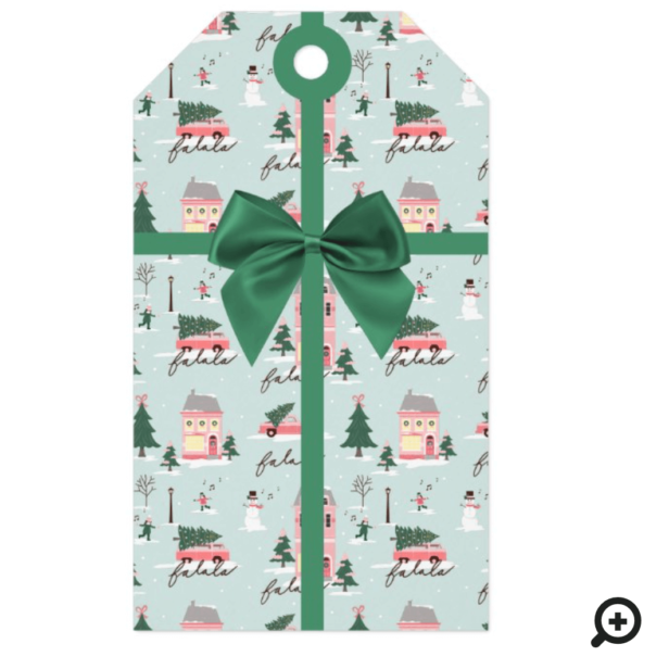 Christmas Tree & Town Pink Retro Van Green Bow Gift Tags