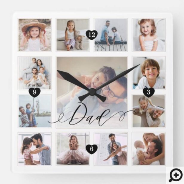 Dad Script Family Memory Photo Grid Collage Square Wall Clock
