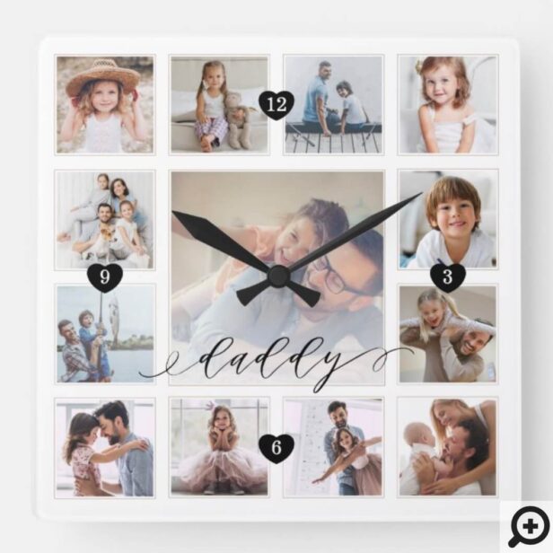 Daddy Script Family Memory Photo Grid Collage Square Wall Clock