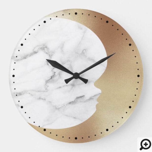 Elegant Grey White Marble Gold Crescent Moon Large Clock
