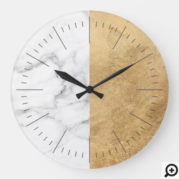 Elegant Modern & Minimal Gold & White Grey Marble Large Clock