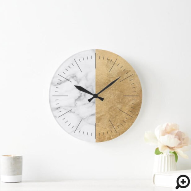 Elegant Modern & Minimal Gold & White Grey Marble Large Clock