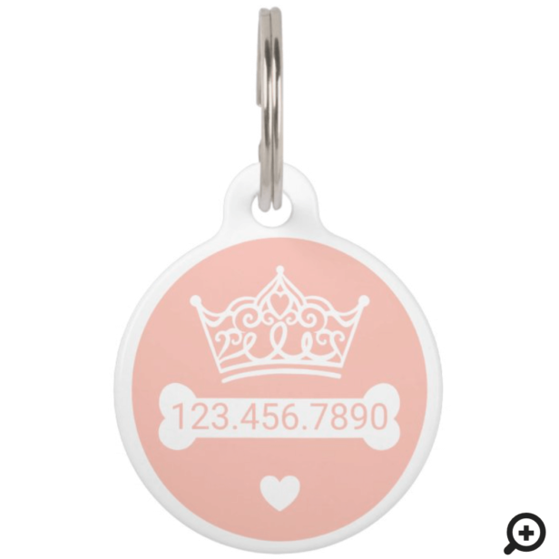Elegant Princess Crown Blush Pink Dog Bone Pet ID Tag