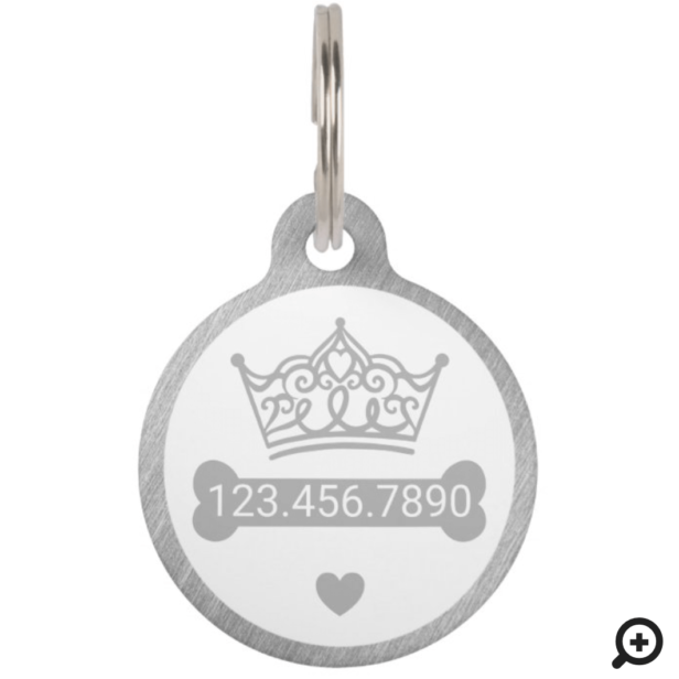 Elegant Princess Crown Silver Dog Bone Pet ID Tag