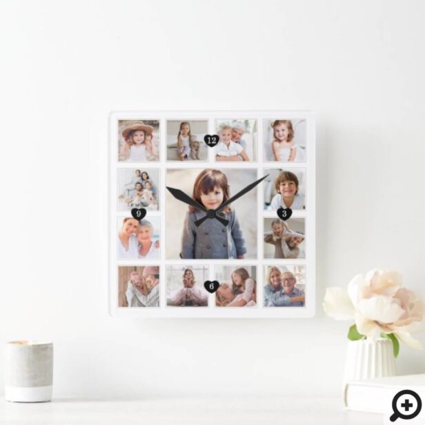 Family Memory Photo Grid Collage & Hearts Keepsake Square Wall Clock