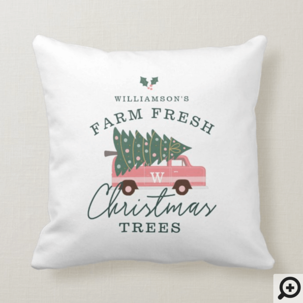 Family's Farm Fresh Christmas Trees Pink Retro Van White Throw Pillow