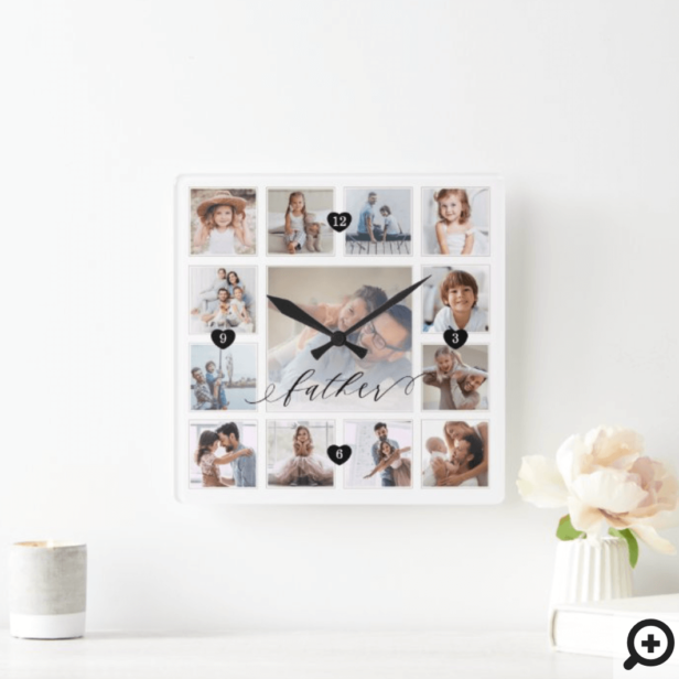 Father Script Family Memory Photo Grid Collage Square Wall Clock