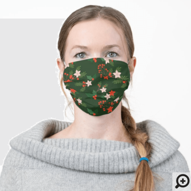 Festive Hollies, Berries Christmas Greenery Green Adult Cloth Face Mask