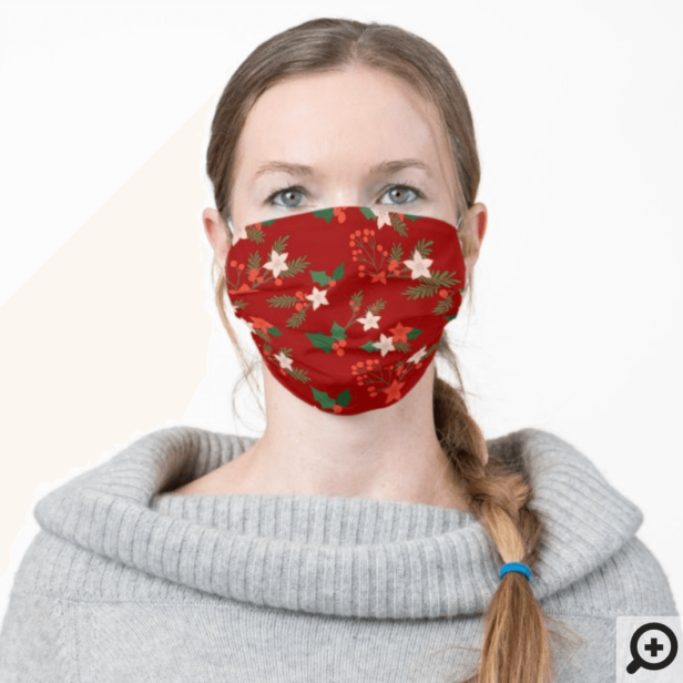 Festive Hollies, Berries & Christmas Greenery Red Adult Cloth Face Mask