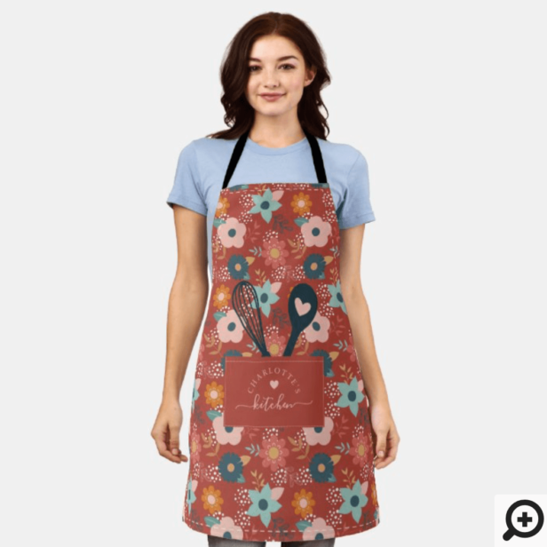 Floral Pattern Stitched Pocket With Spoon & Whisk Apron