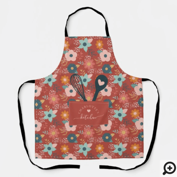 Floral Pattern Stitched Pocket With Spoon & Whisk Apron