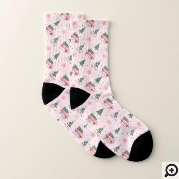 Let It Snow Christmas Tree Vintage Pink Retro Van Pink Socks