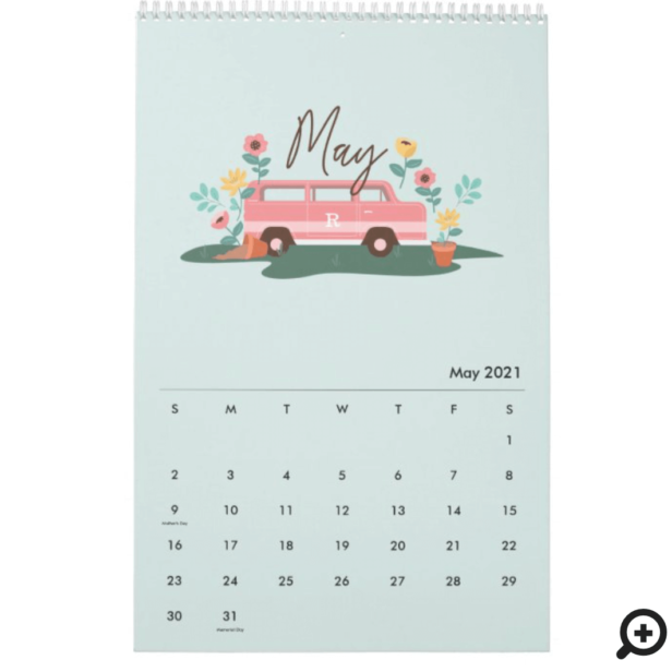 Let The Adventure Begin Chic Pink Retro Van Family Calendar