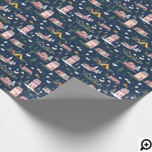 Let The Adventure Begin Chic Pink Retro Van Travel Navy Wrapping Paper