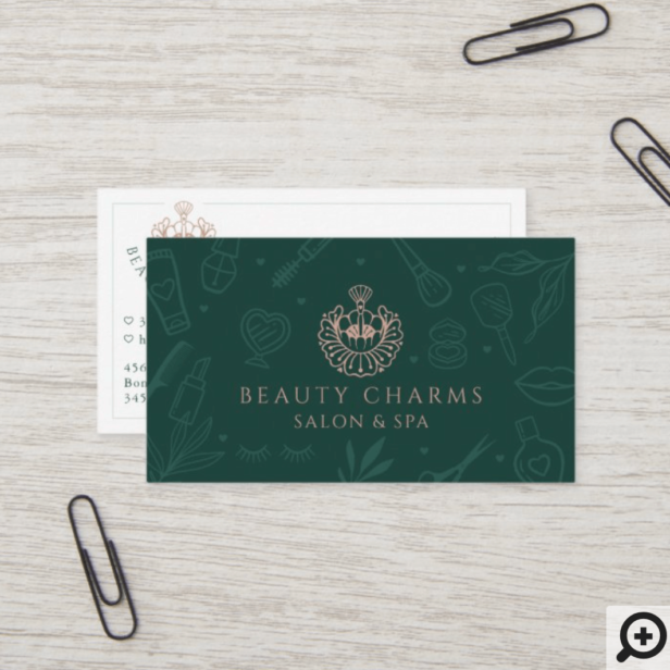 Luxury Beauty Charms Green & Pink Makeup Logo Business Card