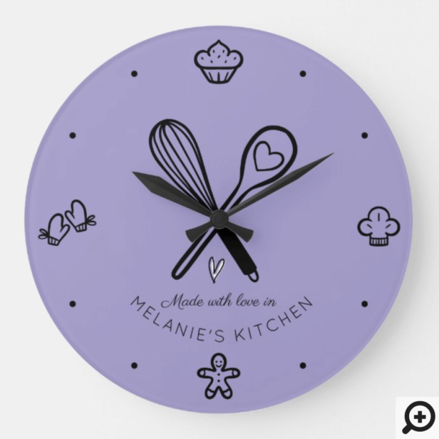 Made With Love Cute Baking Whisk Purple Large Clock