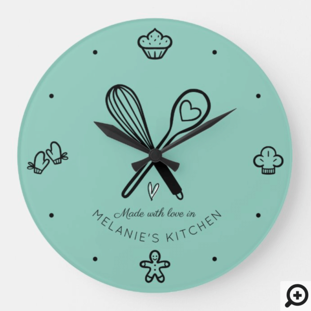 Made With Love Cute Baking Whisk Teal Blue Large Clock