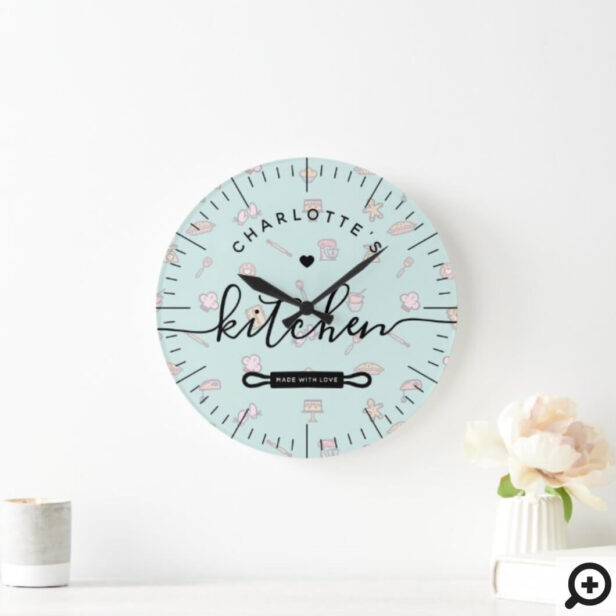 Made With Love Modern Mint Bakery Pattern Kitchen Large Clock