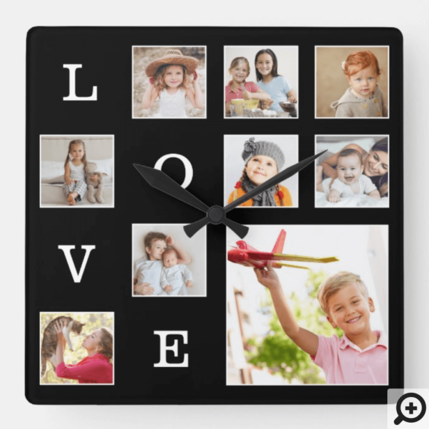 Modern Black & White Photo Family Collage Love Square Wall Clock