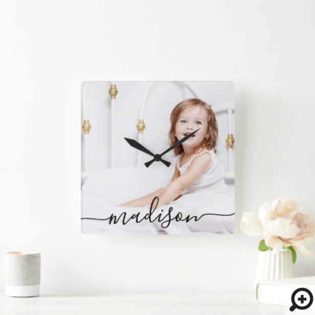 Modern & Minimal Personalized Full Photo & Name Square Wall Clock
