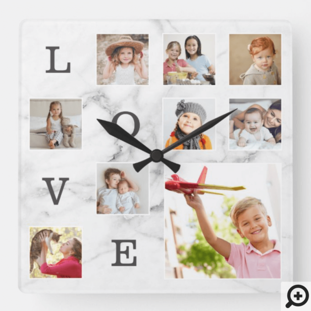 Modern White Grey Marble Photo Family Collage Love Square Wall Clock