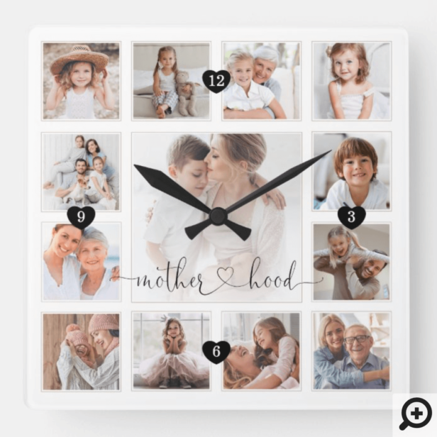 Motherhood Script Family Memory Photo Grid Collage Square Wall Clock