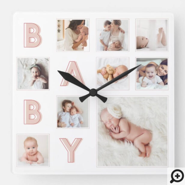 Pink Baby Letters Newborn Baby Photo Grid Collage Square Wall Clock