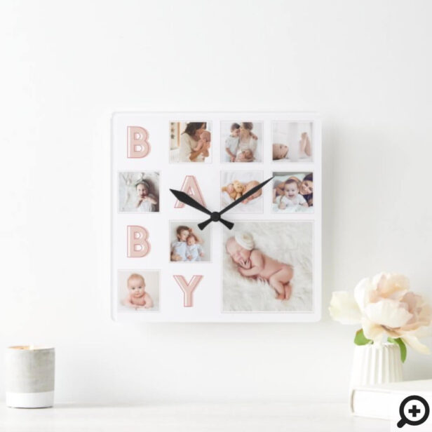 Pink Baby Letters Newborn Baby Photo Grid Collage Square Wall Clock