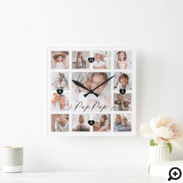Pop Pop Script Family Memory Photo Grid Collage Square Wall Clock