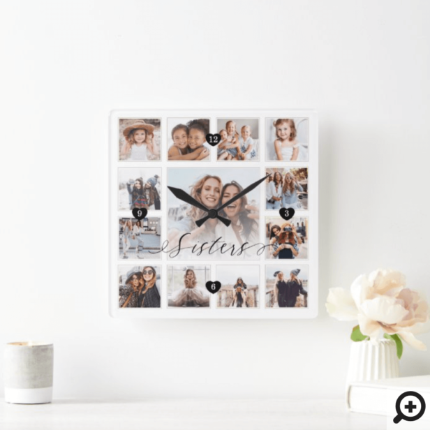 Sisters Script Family Memory Photo Grid Collage Square Wall Clock